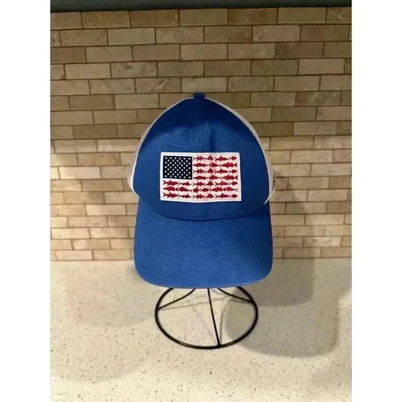 PFG American Flag Meshback SnapBack Hat Cap Fish Blue White #30 - Picture 1 of 5